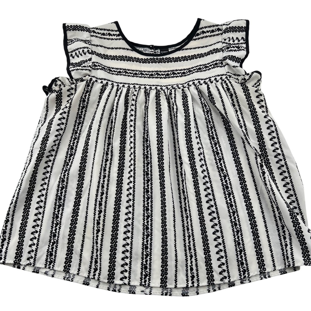 Emery Rose Black White Floral‎ Stripe Ruffle Babydoll Blouse Top Large